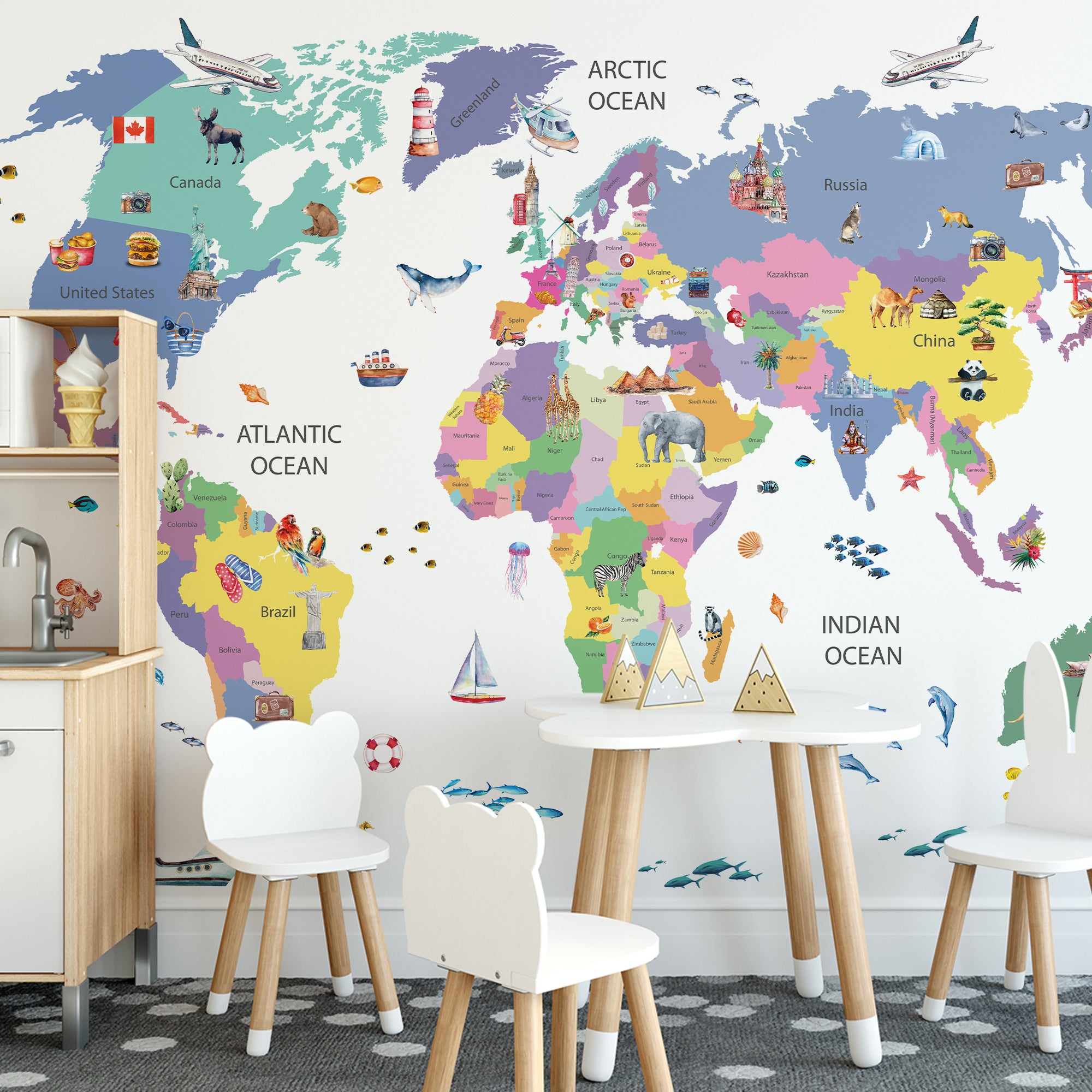 World Map Wallpaper with Famous Places for Kids Room Wall Mural