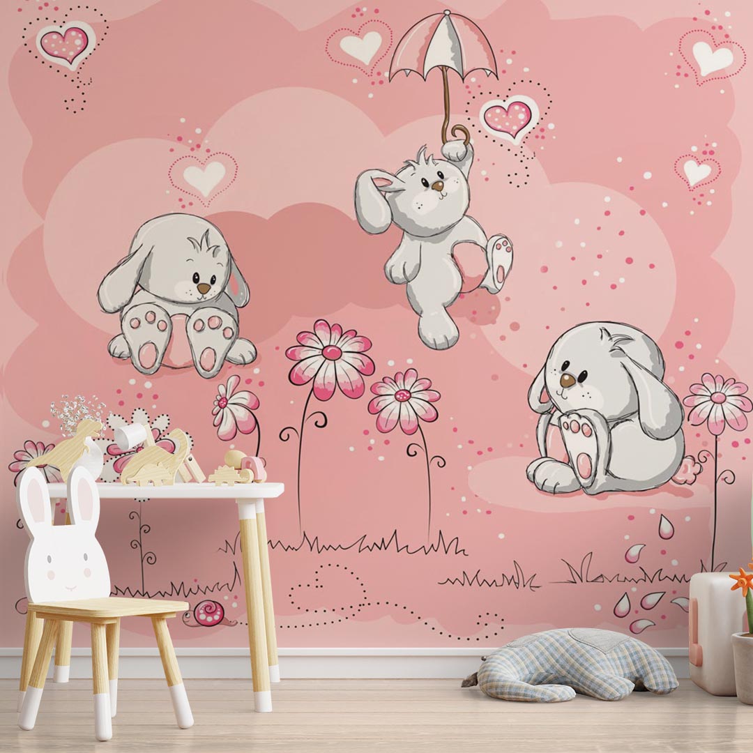 Custom Size Kids Wall Mural Pink Flowers Hearts Bunnies