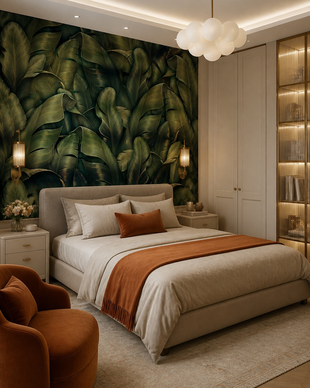 Dark green banana leaves wallpaper in a designer bedroom.