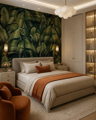 Dark green banana leaves wallpaper in a designer bedroom.