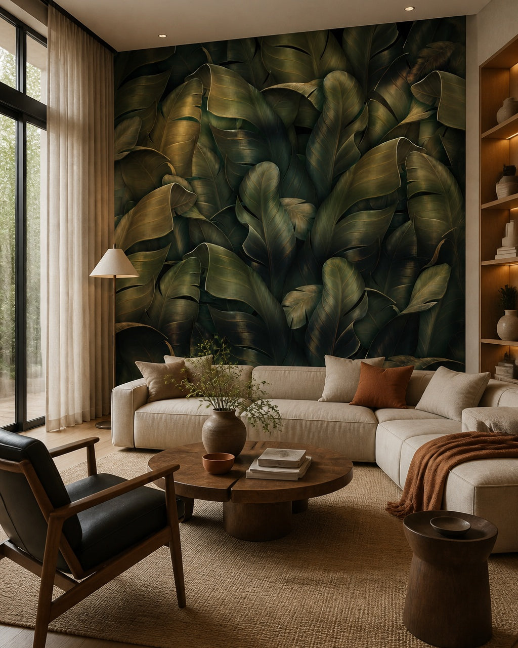Dark green banana leaves wallpaper in a designer living room.