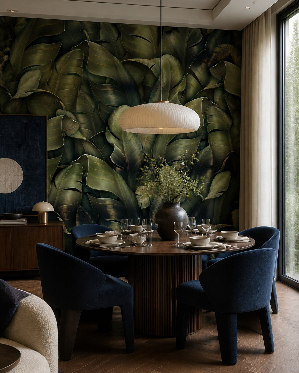 Dark green banana leaves wallpaper in a refined dining area.
