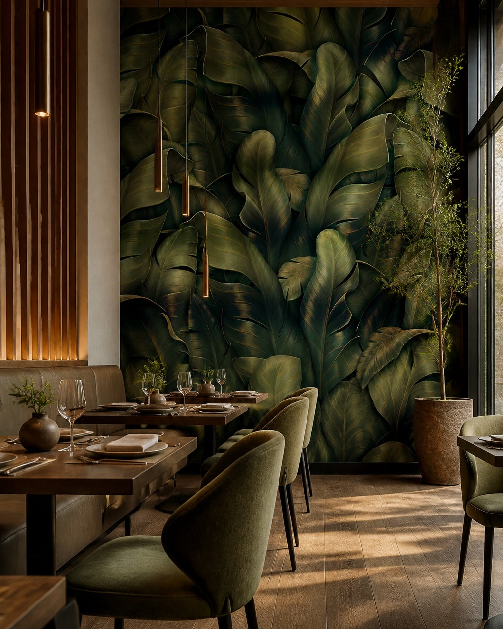 Dark green banana leaves wallpaper in a restaurant.