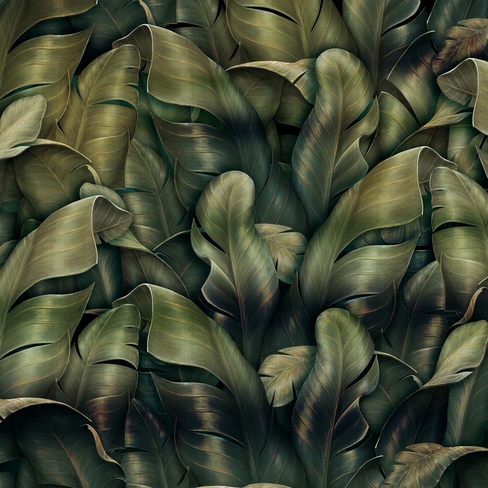 Dark Green Golden Tropical Leaves Wall Mural Botanical Dark Wallpaper