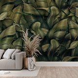 Dark Green Golden Tropical Leaves Wall Mural Botanical Dark Wallpaper