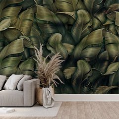 Custom Dark Green Golden Tropical Leaves Wall Mural Botanical Dark Wallpaper