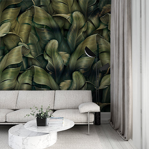 Dark Green Golden Tropical Leaves Wall Mural Botanical Dark Wallpaper