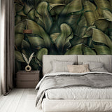 Dark Green Golden Tropical Leaves Wall Mural Botanical Dark Wallpaper