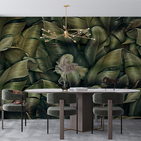 Dark Green Golden Tropical Leaves Wall Mural Botanical Dark Wallpaper