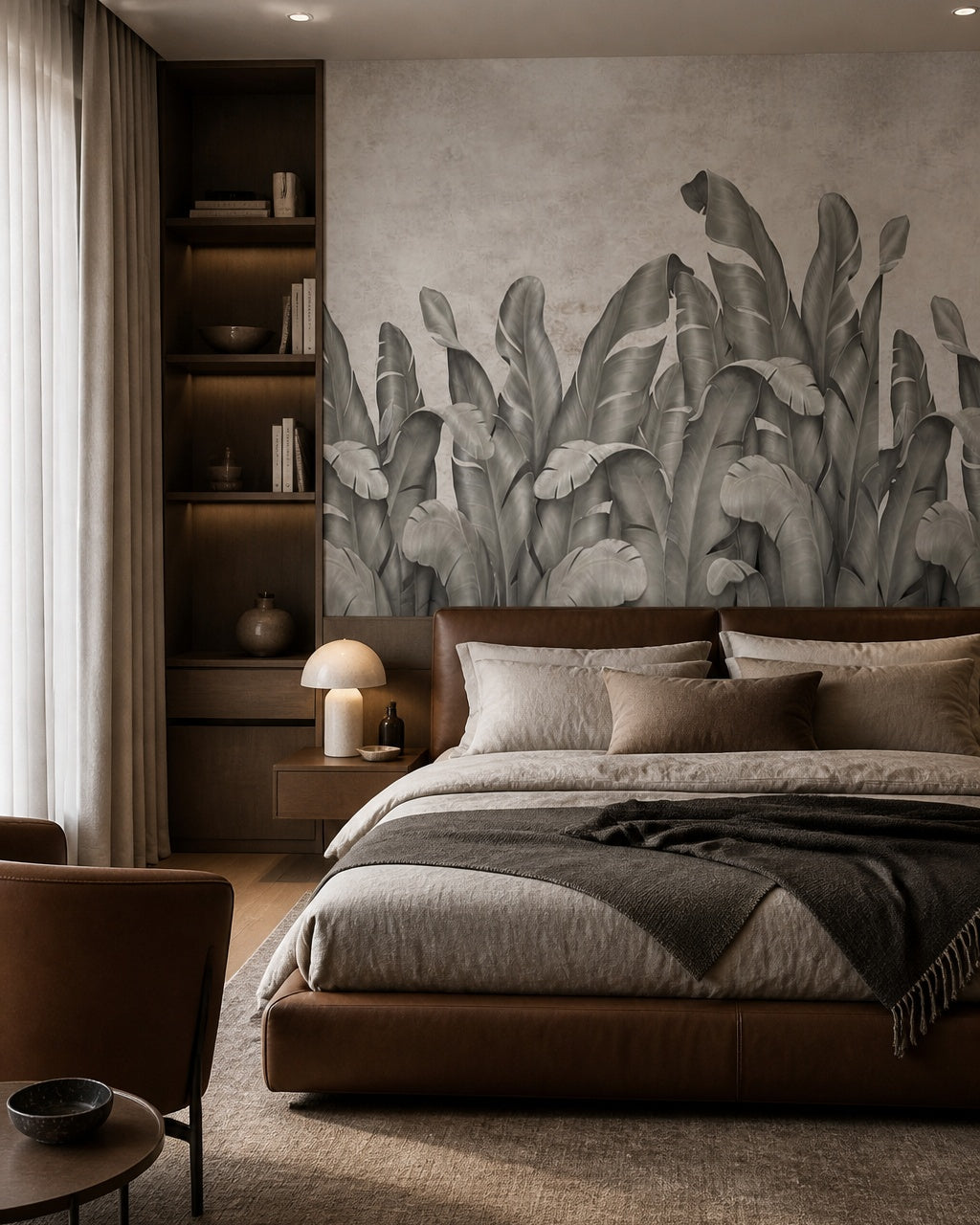 Grey banana leaves wallpaper in a designer bedroom.