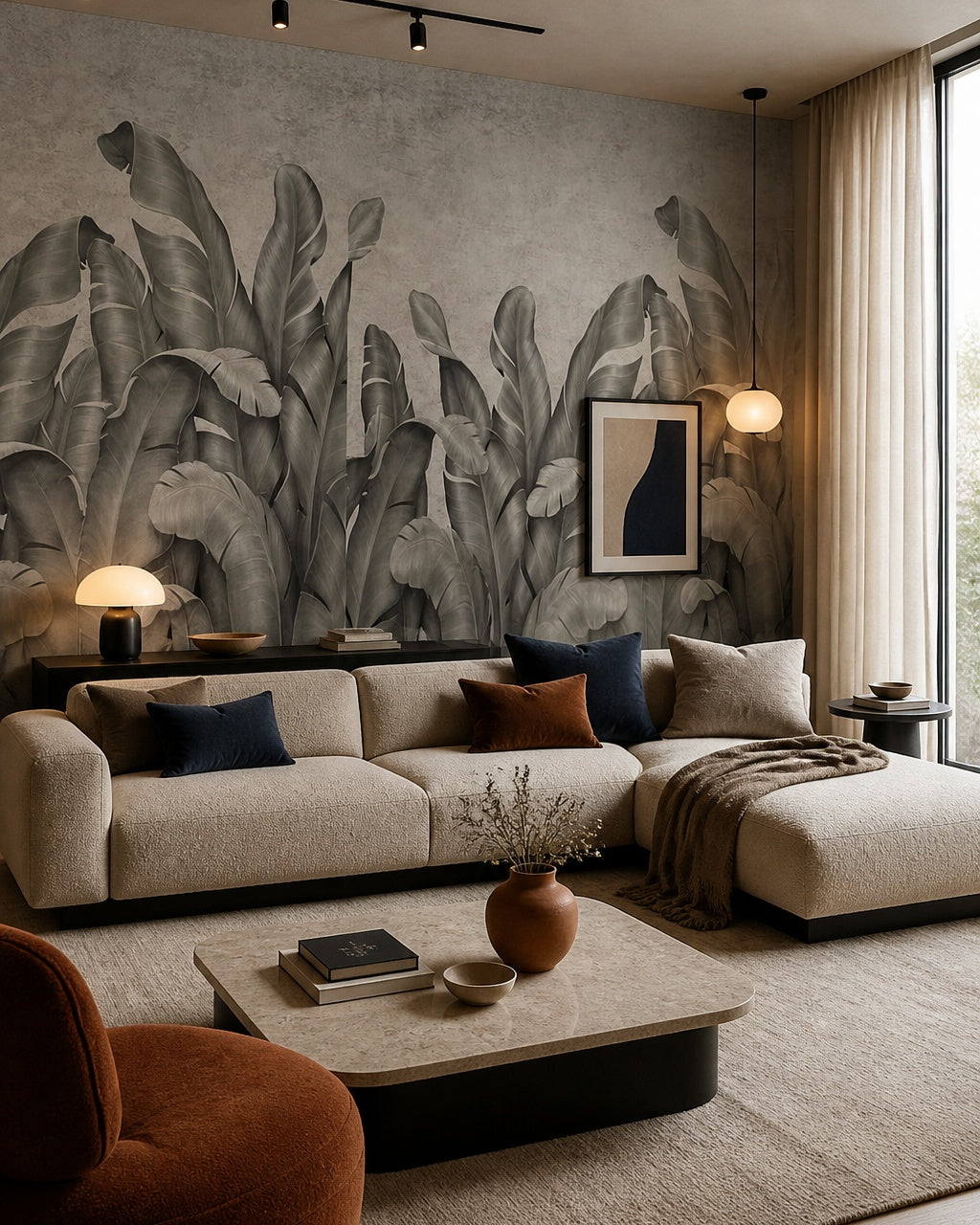 Grey banana leaves wallpaper in a designer living room.