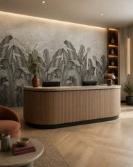 Grey banana leaves wallpaper at a hotel reception desk.