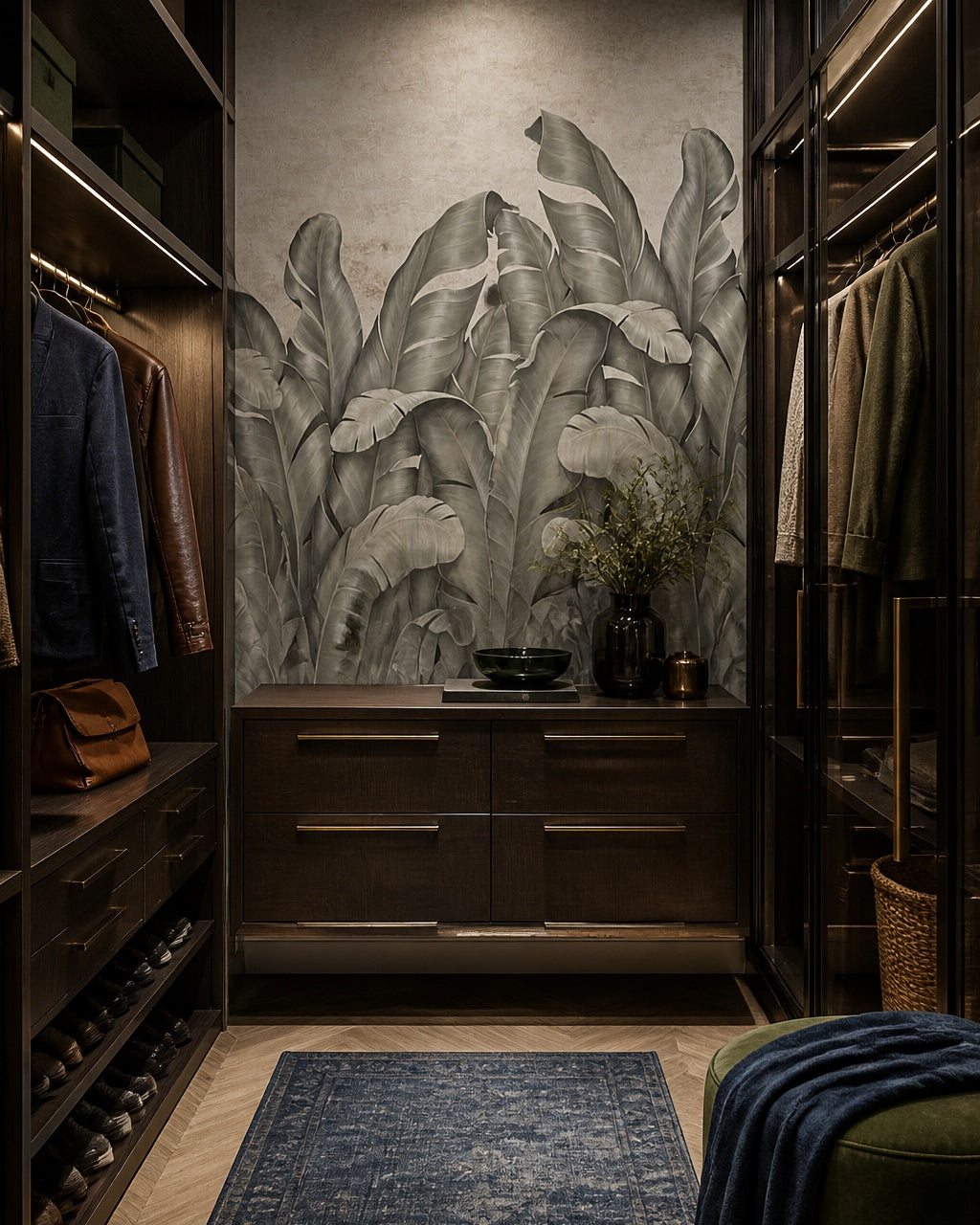 Grey banana leaves wallpaper in a walk-in wardrobe.