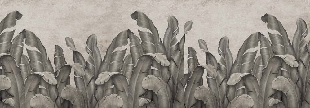 Papier peint feuilles de bananier gris – Papier peint panoramique tropical effet fresque sur béton