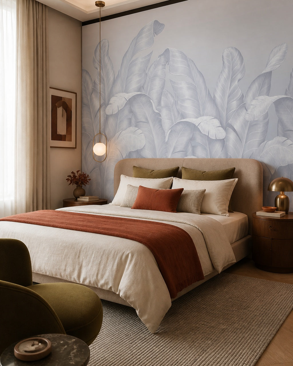 Pale blue banana leaves wallpaper in a designer bedroom.
