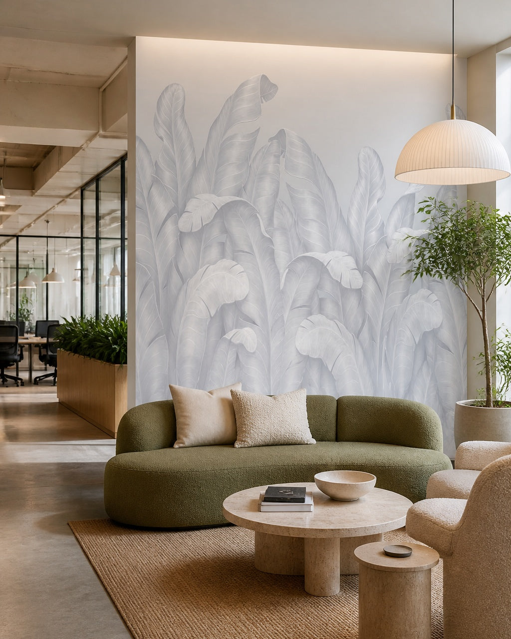 Pale blue banana leaves wallpaper in a creative office lounge.