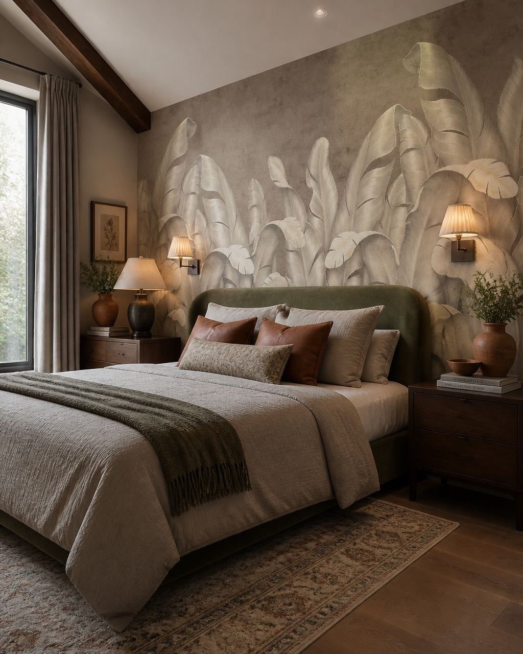 Silver banana leaves wallpaper in a designer bedroom.