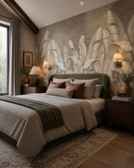 Silver banana leaves wallpaper in a designer bedroom.