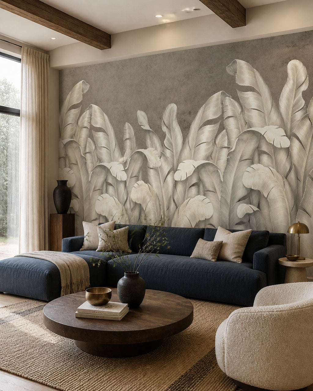 Silver banana leaves wallpaper in a designer living room.