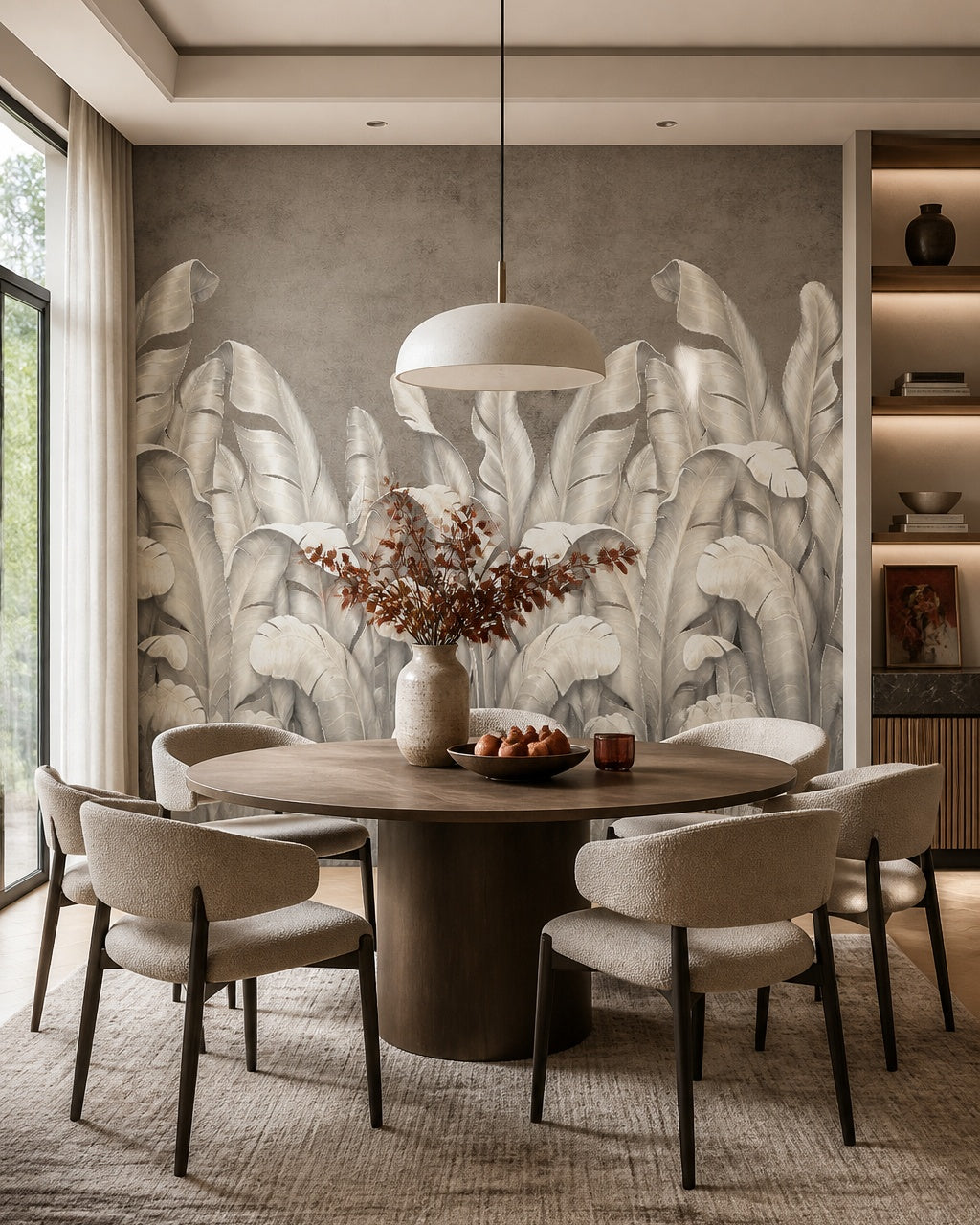 Silver banana leaves wallpaper in a refined dining area.