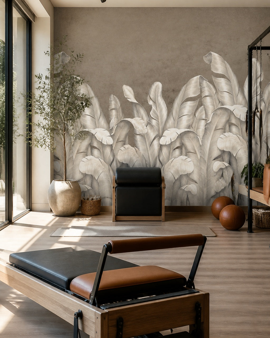 Silver banana leaves wallpaper in a fitness studio.