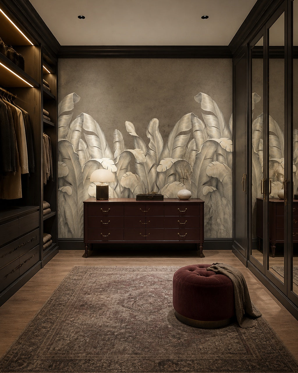 Silver banana leaves wallpaper in a dressing room.