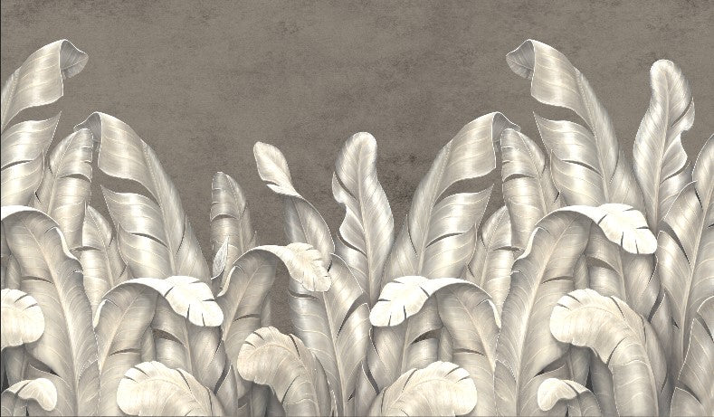 Papier peint feuilles de bananier argenté – Papier peint panoramique tropical neutre sur fond marron