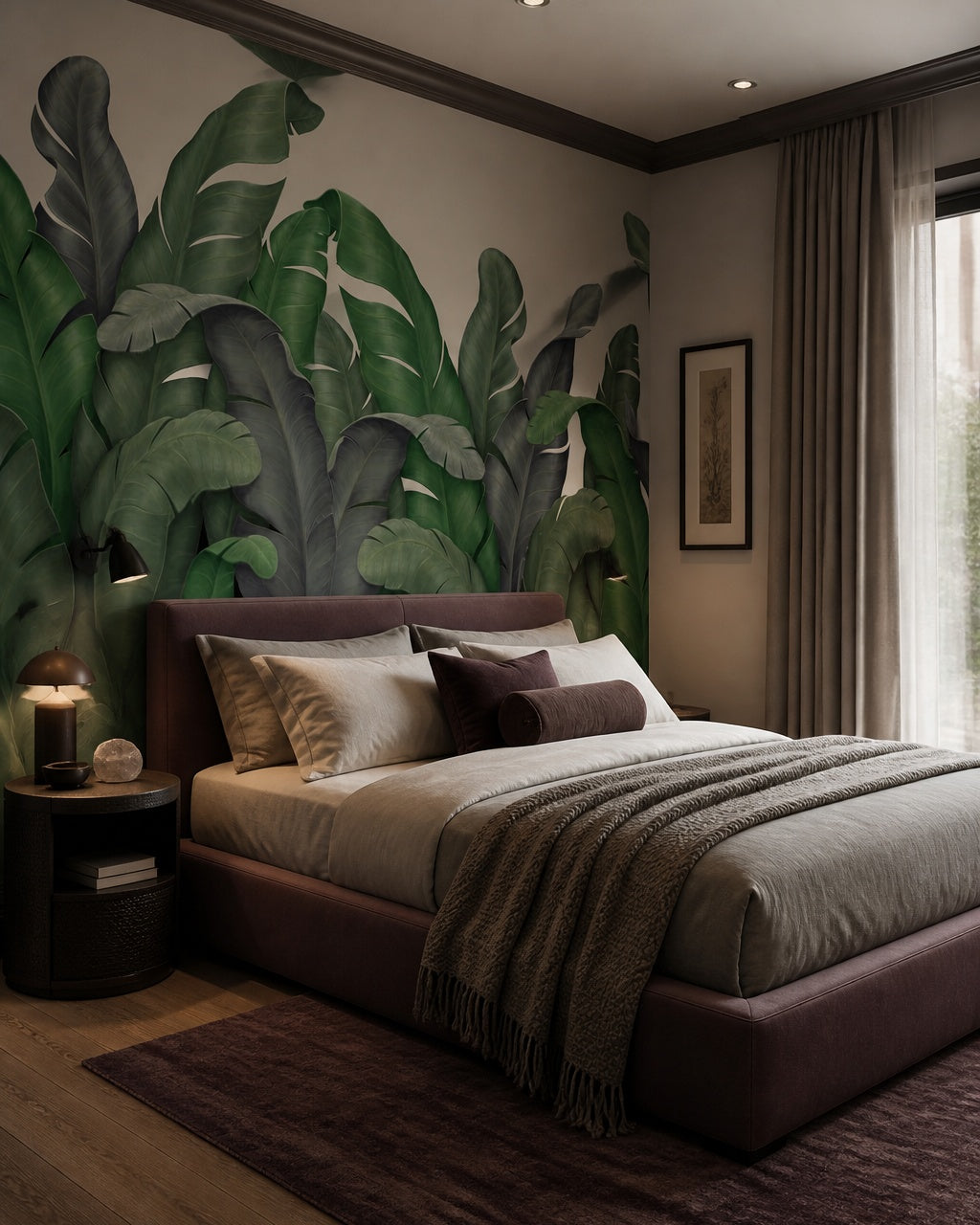 Green banana leaves wallpaper in a designer bedroom.
