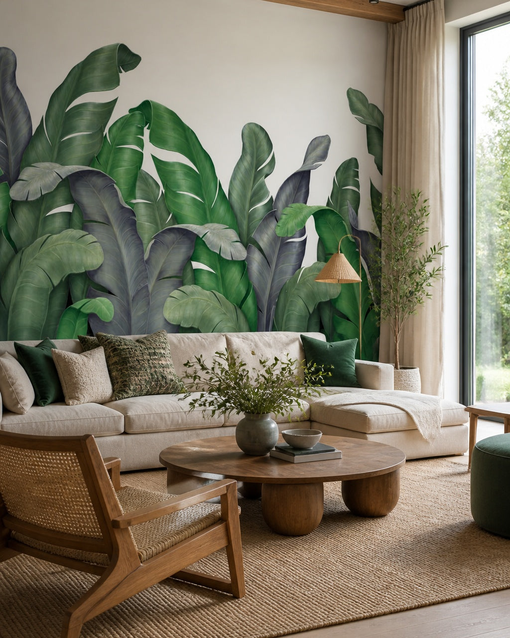 Green banana leaves wallpaper in a designer living room.