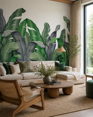 Green banana leaves wallpaper in a designer living room.