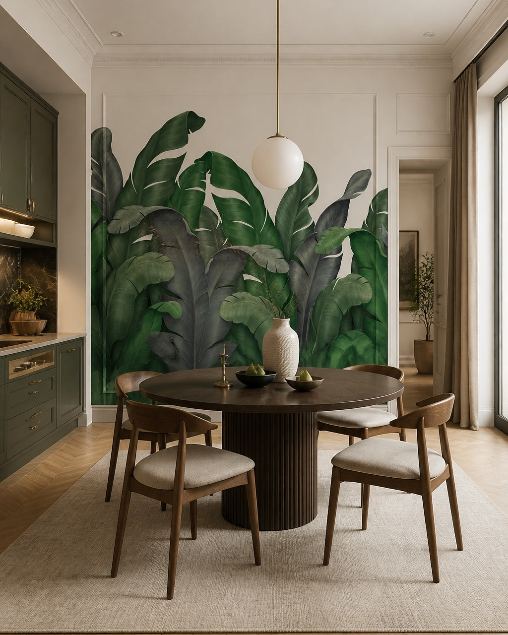 Green banana leaves wallpaper in a refined dining area.