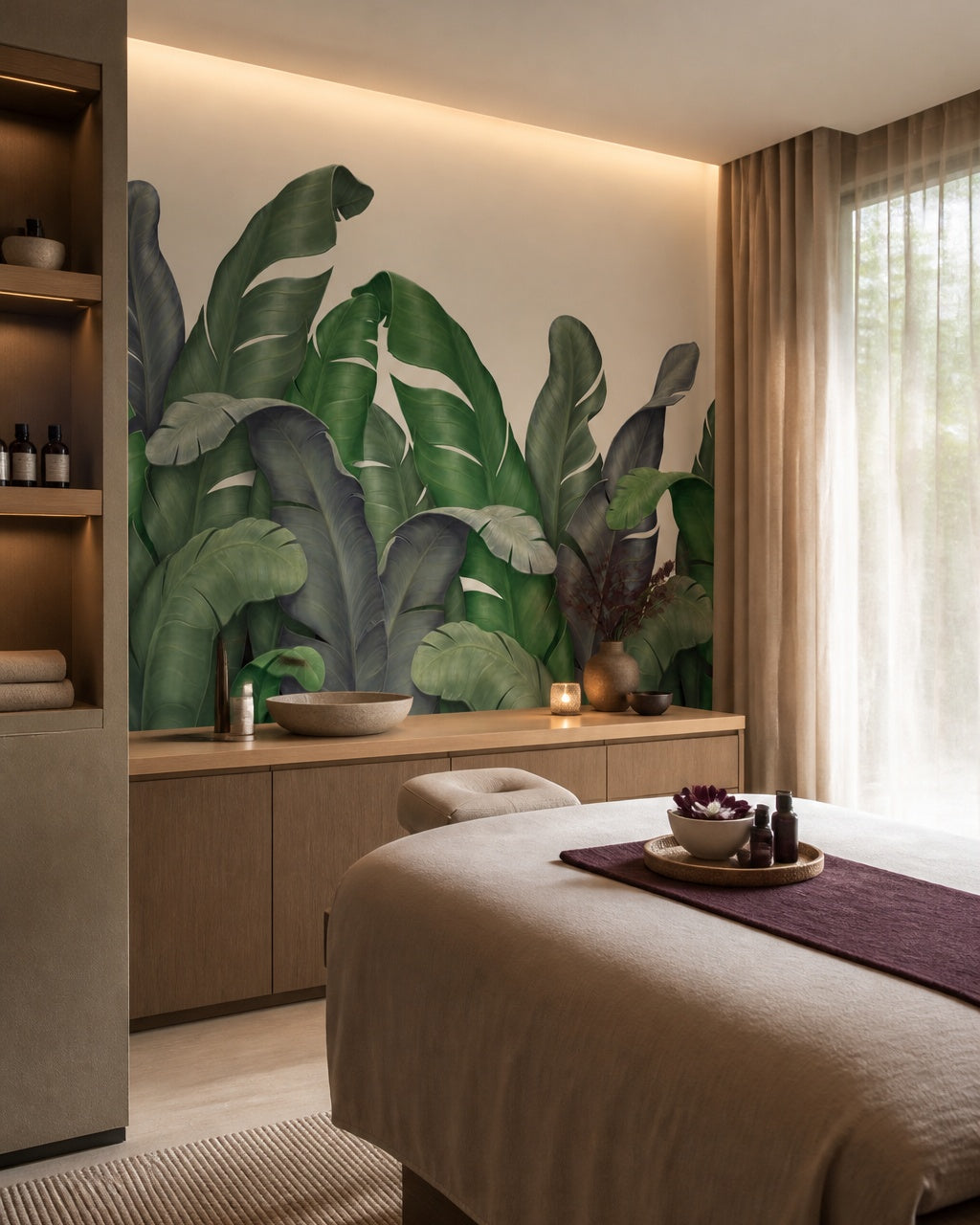 Green banana leaves wallpaper in a wellness spa.