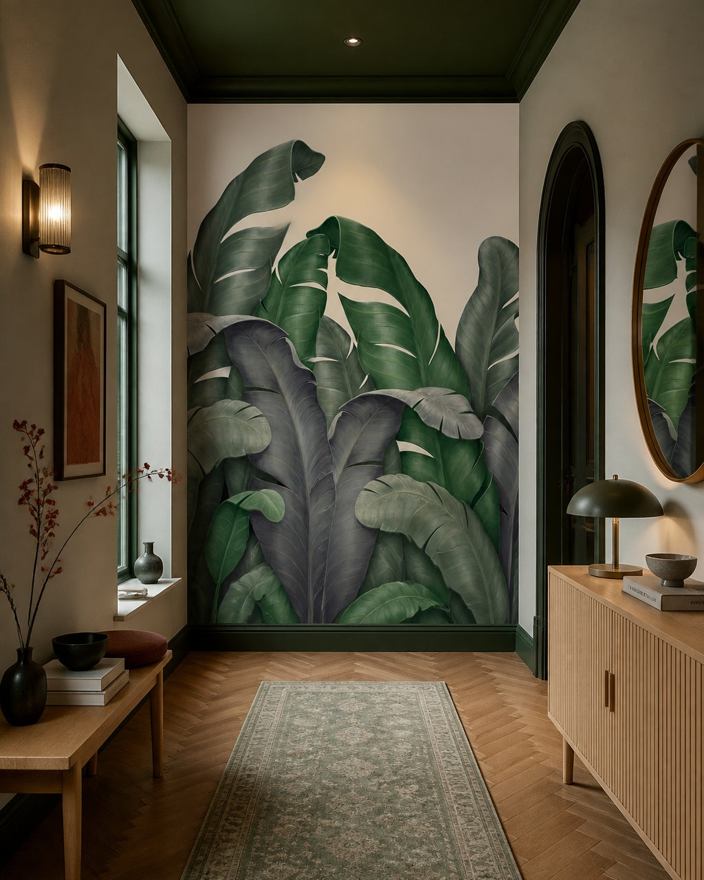 Green banana leaves wallpaper in an architectural hallway.