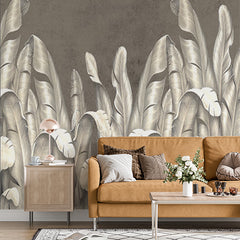 Custom Silver Banana Leaf Wallpaper Abstract Art Brown Wall Mural