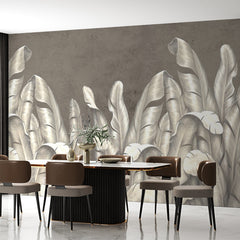 Custom Silver Banana Leaf Wallpaper Abstract Art Brown Wall Mural