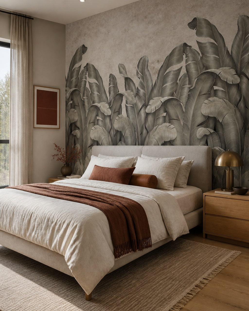 Banana leaf fresco wallpaper in a designer bedroom.