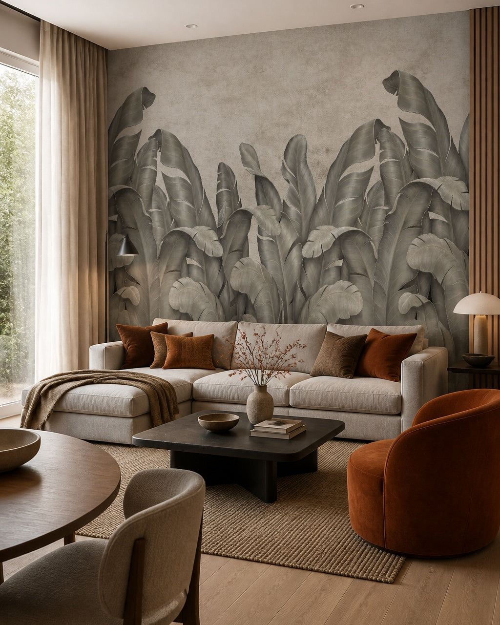 Banana leaf fresco wallpaper in a designer living room.