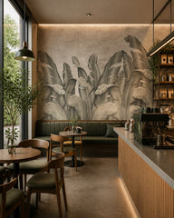 Banana leaf fresco wallpaper in a specialty coffee shop.
