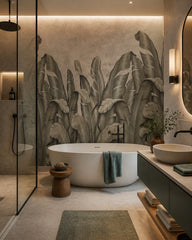 Banana leaf fresco wallpaper in a luxury bathroom.
