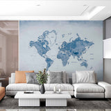 Blue Gradient World Map Wall Mural Wallpaper with Detailed Borders and Oceans