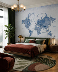 Blue watercolor world map wallpaper in a designer bedroom.