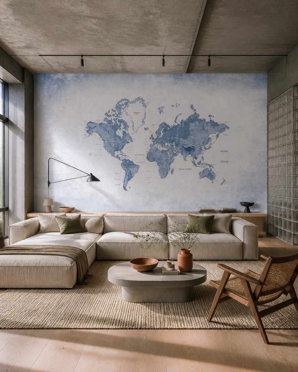 Blue watercolor world map wallpaper in a designer living room.
