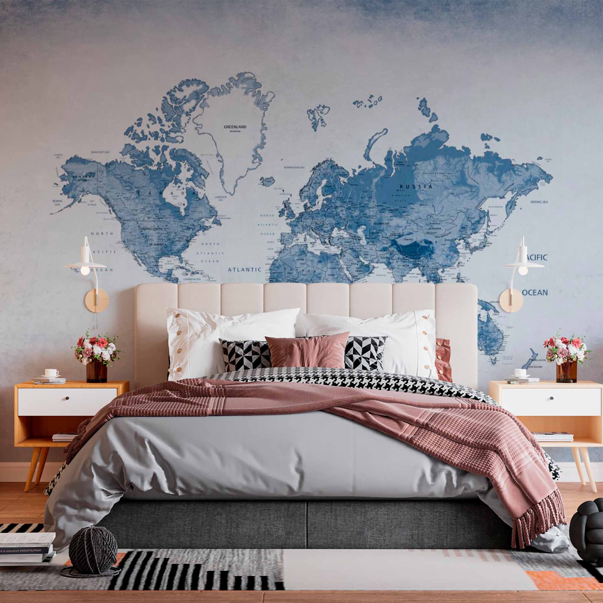 Blue Gradient World Map Wall Mural Wallpaper with Detailed Borders and Oceans