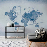 Blue Gradient World Map Wall Mural Wallpaper with Detailed Borders and Oceans