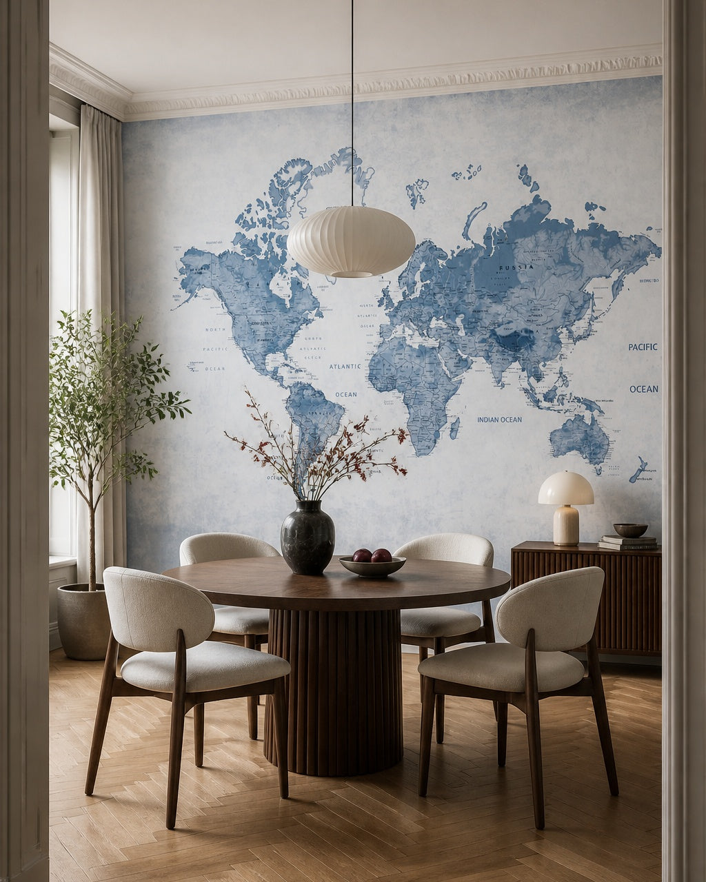 Blue watercolor world map wallpaper in a refined dining area.