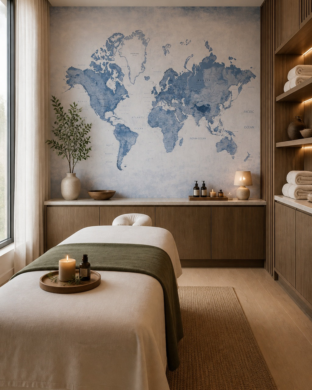 Blue watercolor world map wallpaper in a wellness spa.