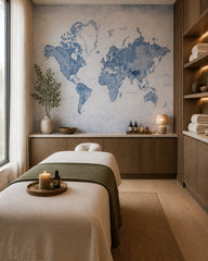 Blue watercolor world map wallpaper in a wellness spa.