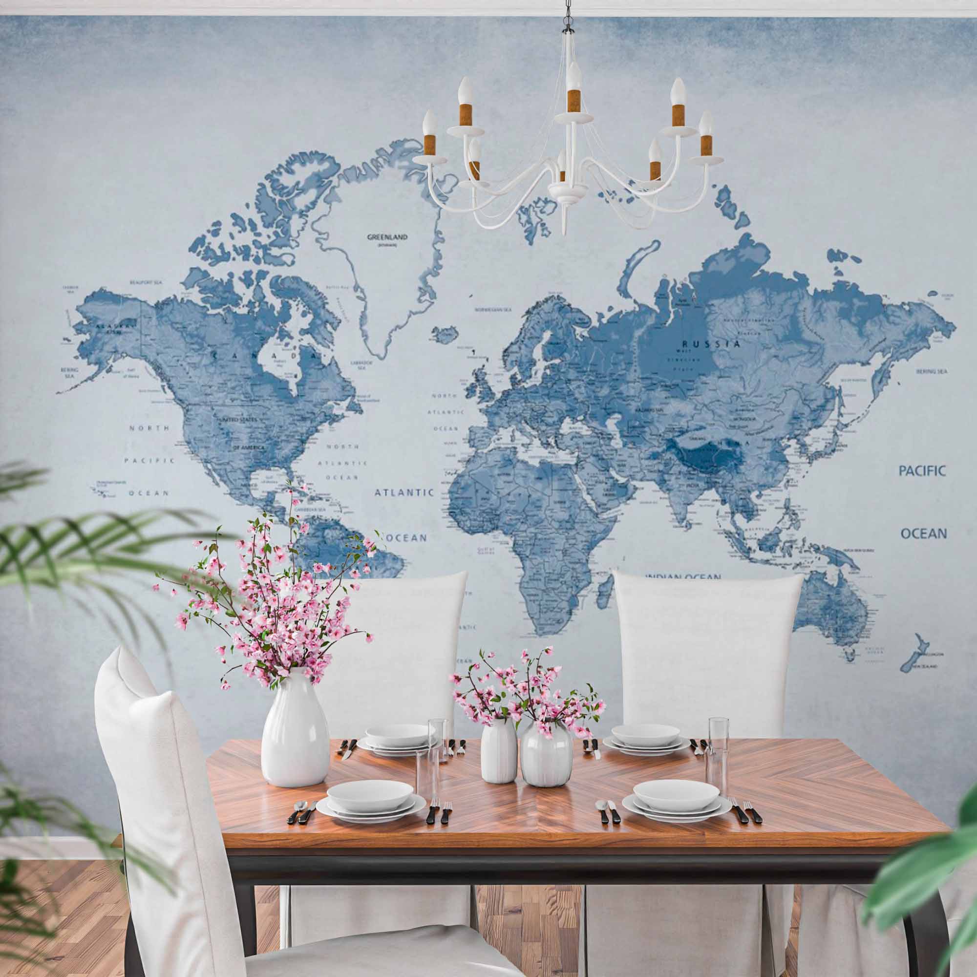 Blue Gradient World Map Wall Mural Wallpaper with Detailed Borders and Oceans