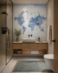 Blue watercolor world map wallpaper in a luxury bathroom.