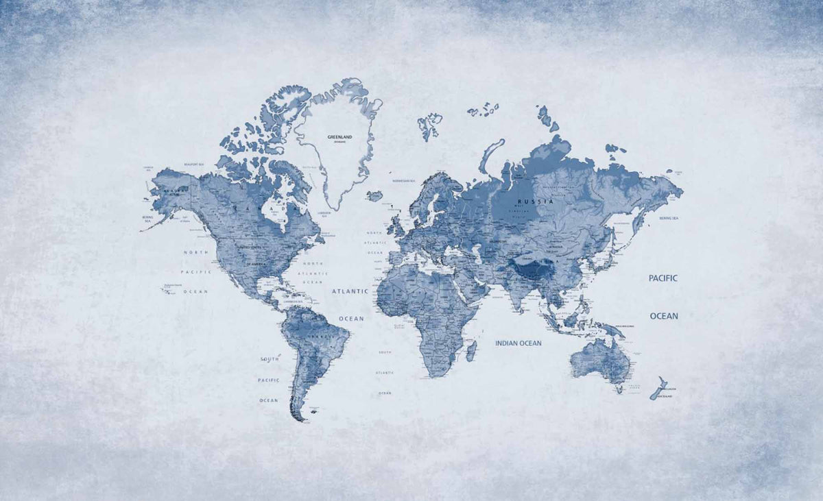 Mapa-múndi em aquarela azul – mapa detalhado sobre textura cinza-azulada